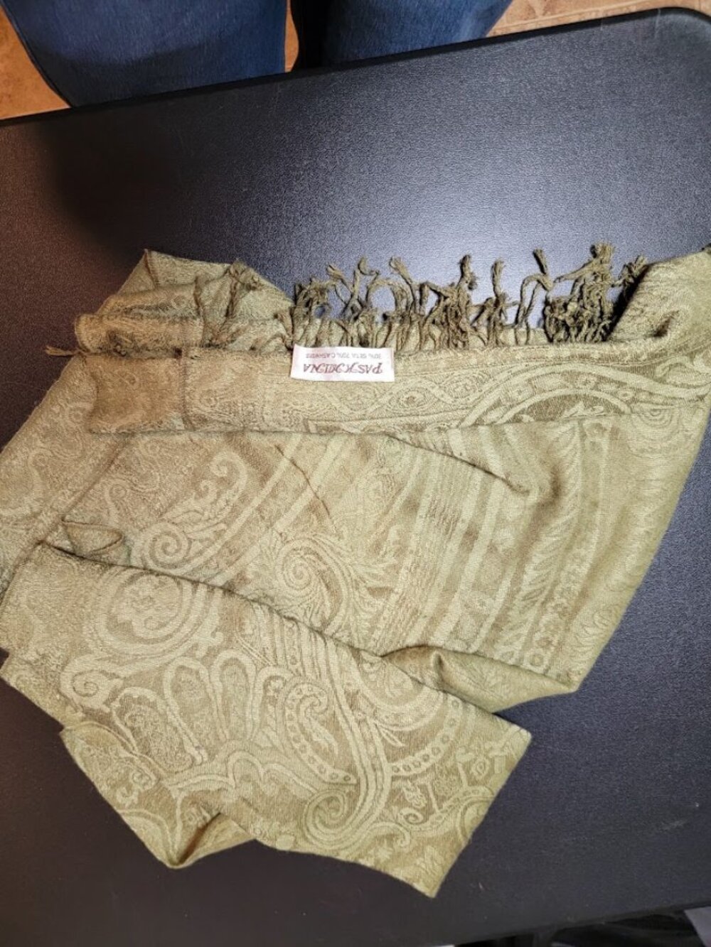 Olive Green Paisley Pashmina Scarf Shawl Wrap Jacquard Fringe Boho Cashmere Blen